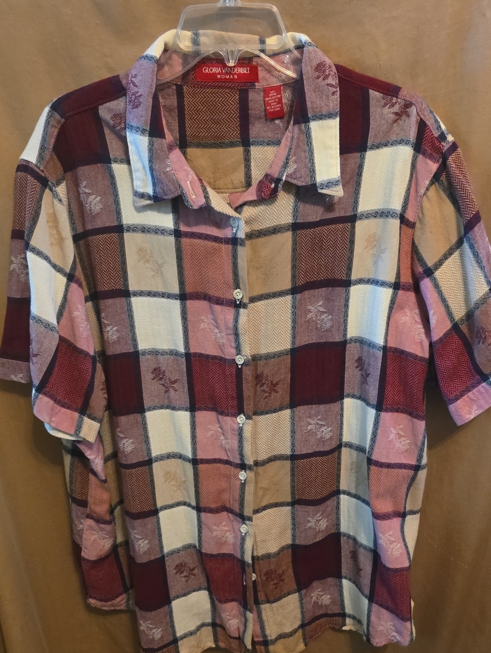 🏝️Womens' Plaid Button Up Pinks Reds Cream 24W